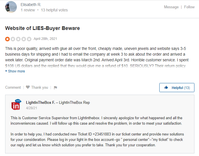 Lightinthebox customer reviews